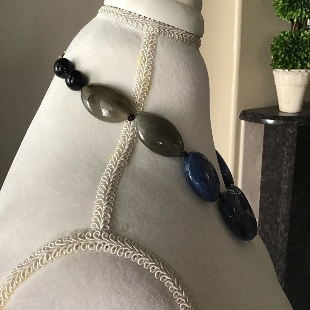 LAST 1! Blue River Stone Look Statement Necklace Blue Gray Flat Beads Cord NEW - Picture 5 of 9